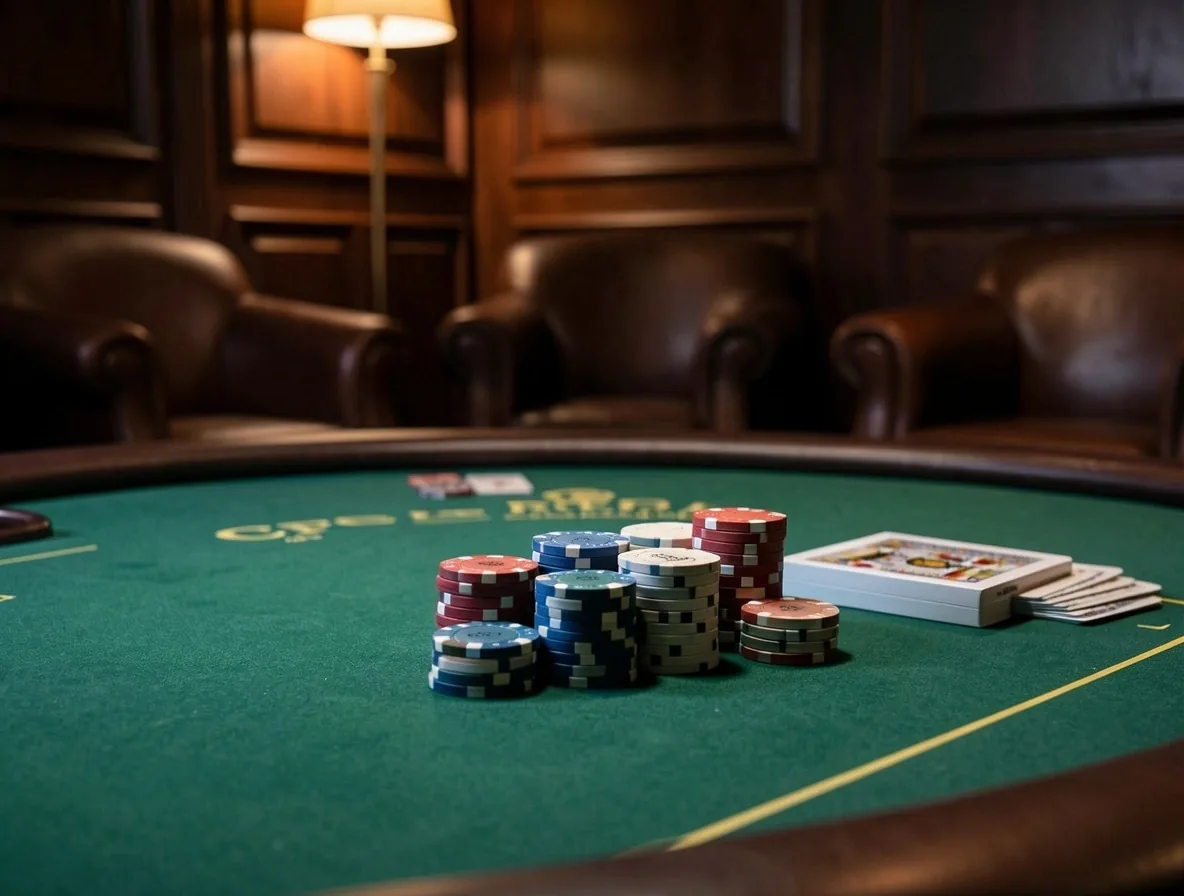 Table de poker professionnelle et jetons au salon Le Montelle