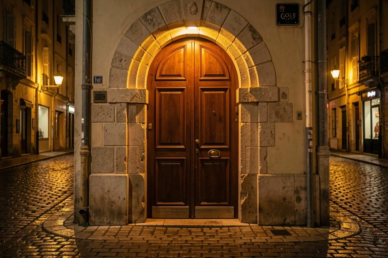 Entrée nocturne du Montelle au 10 Rue de la Loge à Montpellier