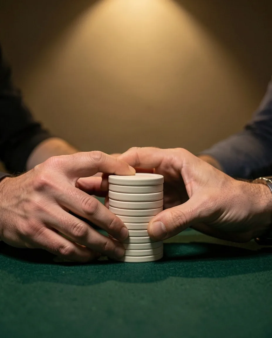 Mains de joueur manipulant des jetons de poker au Montelle